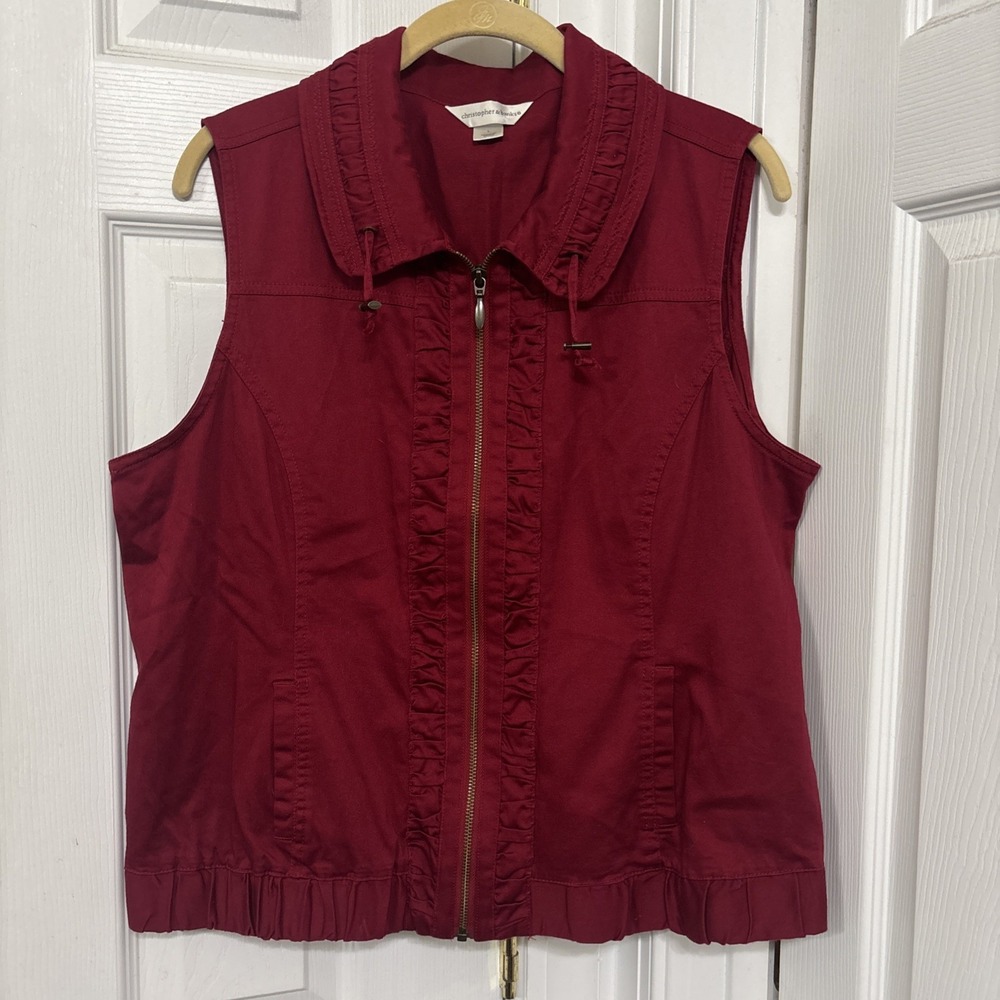 Christopher & Banks Cotton Twill Vest Full Zip Ruffle Ruche Trim Womens Sz L Red